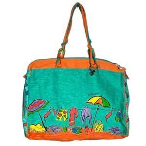 VINTAGE SALLY HUSS LARGE TOTE BAG 1990s Y2K RETRO COLORFUL BEACH SUMMER FUN VGUC
